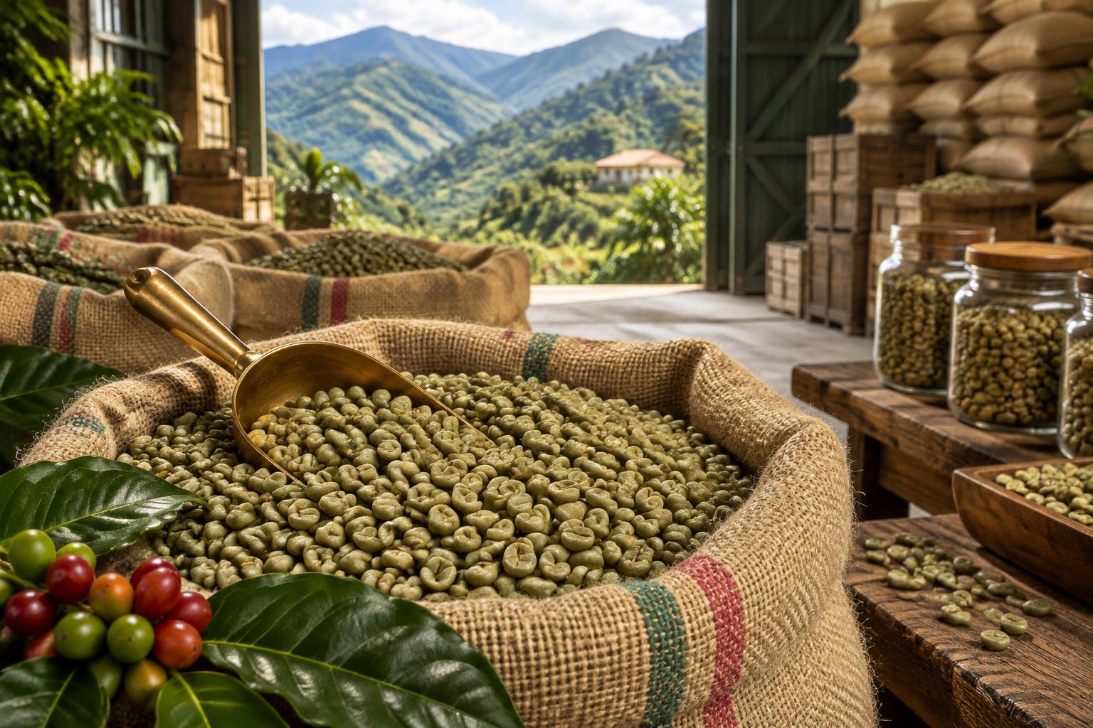 Café verde colombiano preparado para su comercialización