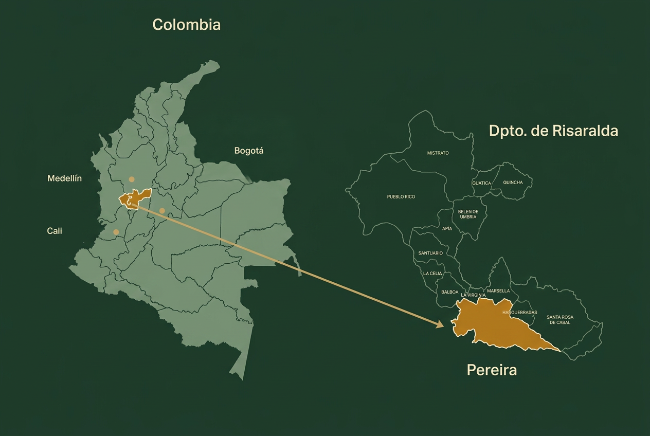 Mapa de Colombia con el departamento de Risaralda resaltado en color ámbar y la ciudad de Pereira señalada