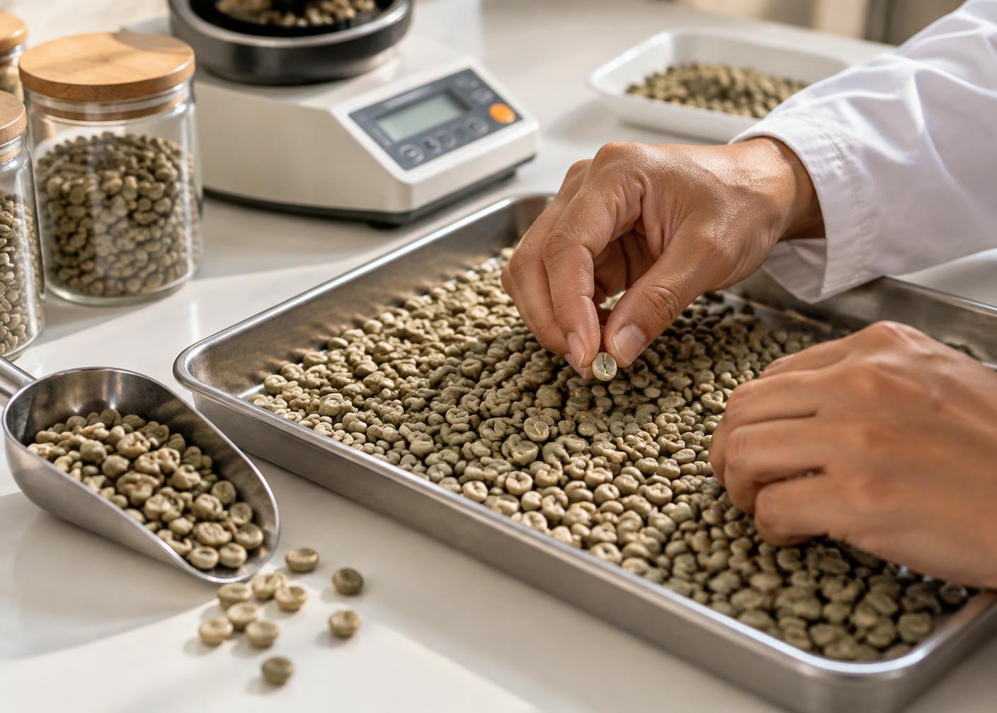 Análisis de café verde en laboratorio con medidor de humedad