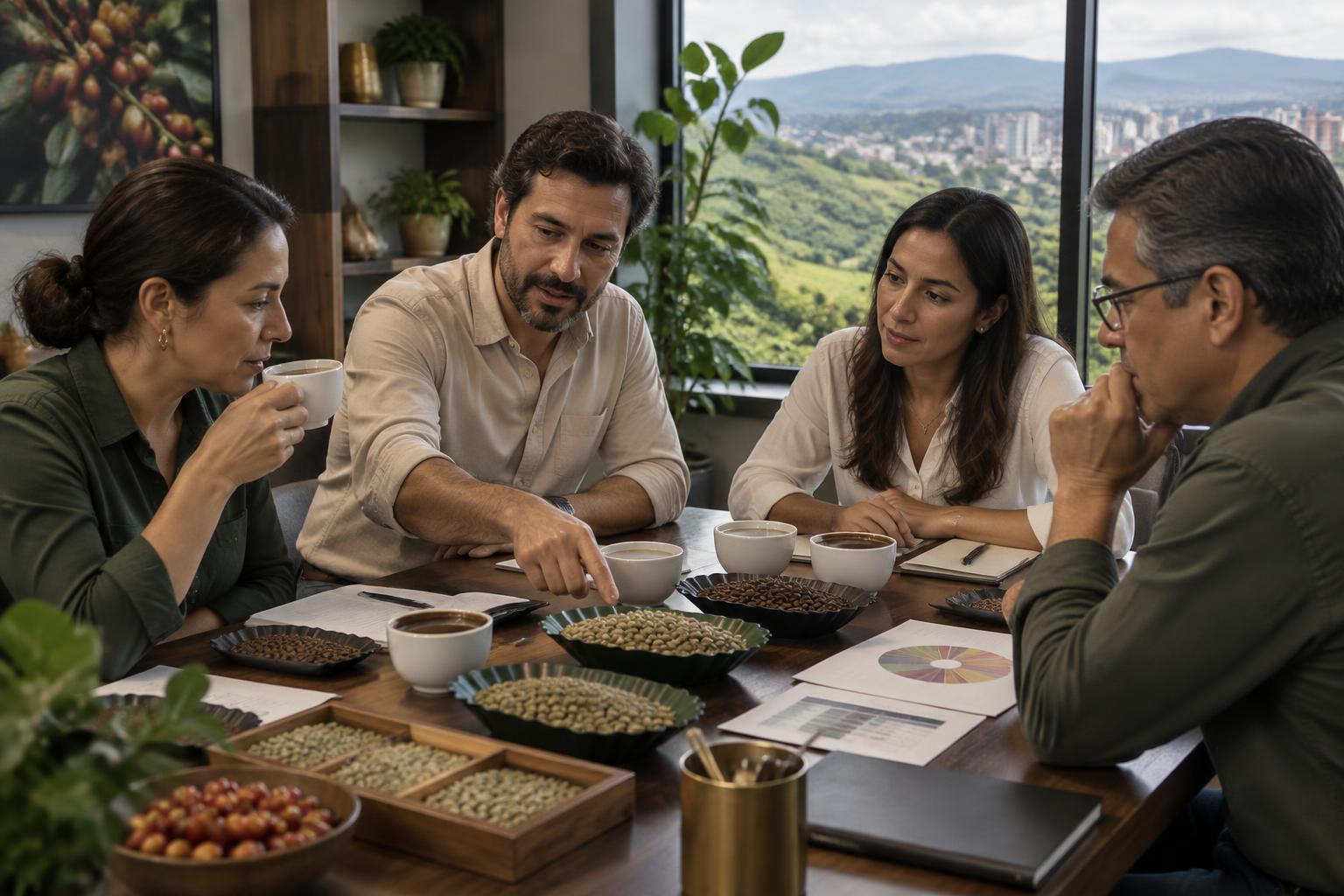 Profesionales conversando sobre calidad y comercialización de café colombiano